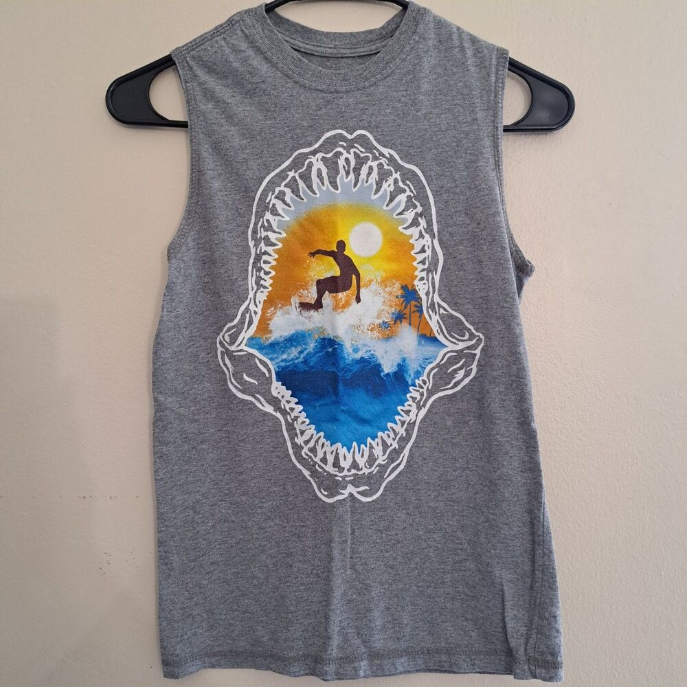 Faded Glory Boys Gray Muscle Tee SURFING  L 10-12
